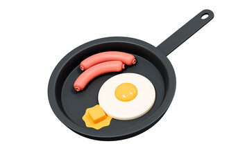 3D Breakfast in frying pan with egg, sausage and butter. Healthy morning meal emoji. Cooking omelette. American fried egg. Cartoon creative design icon isolated on white background. 3D Rendering