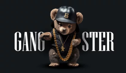 Fotobehang Cute, funny teddy bear in a cap and with a chain on a black background. Gangster kars slogan with a bear doll. Vector illustration  © Zaleman