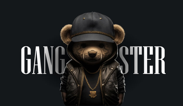 Cute, funny teddy bear in a cap and with a chain on a black background. Gangster kars slogan with a bear doll. Vector illustration	