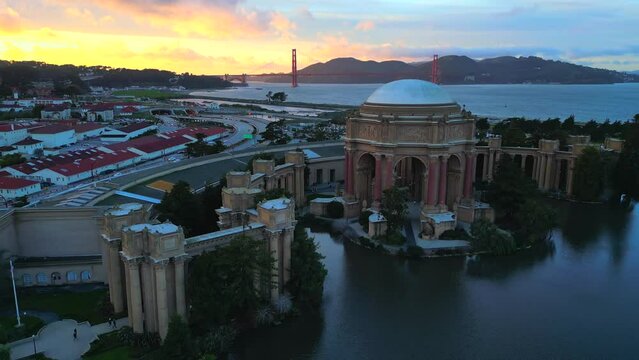 Aerial cinematic clip above Palace of Fine Arts San Francisco California