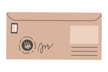 Envelope postcard or letter. Isolated card with stamp or seal in flat style. Craft paper stationery or handmade card, isolated paper mail. Stylish mail letter
