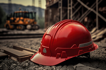A red safety helmet or hardhat, construction worker PPE, is placed at construction work site. Safety PPE object. Generative Ai image.	
 - obrazy, fototapety, plakaty