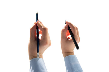 Hand holding a pencil and a pen on a transparent background. The concept of handwriting, using a...