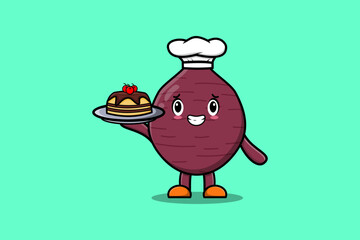 Cute Cartoon chef Sweet potato character serving cake on tray cute style design flat cartoon style