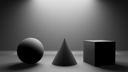 Sphere, cone and cube objects in realistic 3D studio interior with lighting from above and copy space for text on background wall