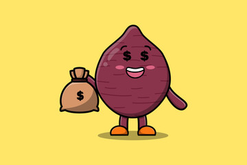 Cute cartoon Crazy rich Sweet potato with money bag shaped funny in modern design illustration
