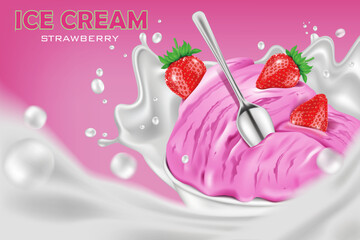 vector illustration strawberry ice cream ad design template.strawberries and ice cream jar with milk splashing include.use for strawberry ice cream advertising poster and label.