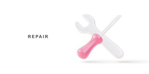 3d realistic Simple repair icon with screwdriver and wrench. Vector illustration.