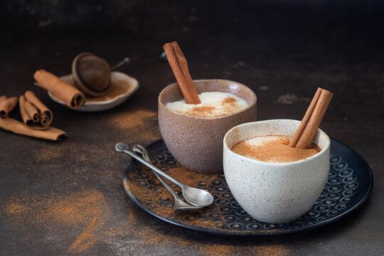  Traditional hot drink salep on background, selective focus