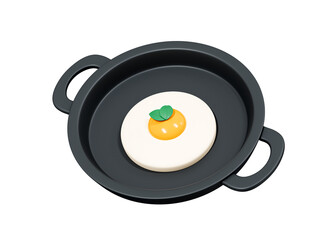 3D Fried egg on frying pan. Quick cooked breakfast. Omelet on skillet. Home food emoji. Minimal object for cafe menu. Cartoon creative design concept icon isolated on white background. 3D Rendering