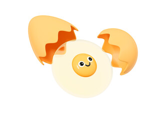 3D Cute Smile Egg with Shell. Good morning. Healthy breakfast. Kawaii fried egg emoji. Logo for menu. Cartoon creative design icon isolated on white background. 3D Rendering