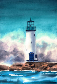 Watercolor picture of the Santa Cruz Breakwater Walton Lighthouse on a rocky island in a sea storm