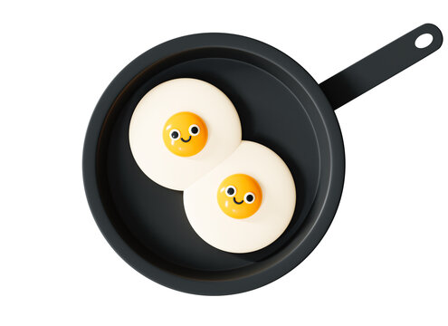 3D Cute fried egg on frying pan. Healthy breakfast. Good morning. Funny character with smile. Omelet on skillet. Cartoon creative design concept icon isolated on white background. 3D Rendering
