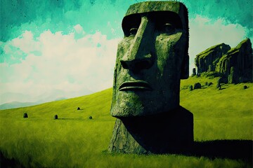 Large Moai covered with green grass towered in front of the traveler. Digital art style. Generative AI - obrazy, fototapety, plakaty