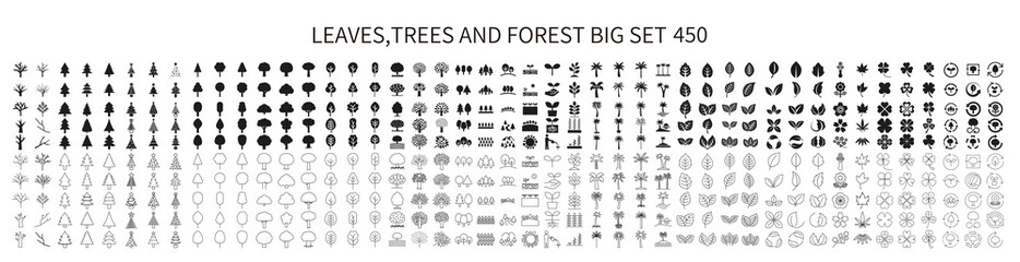 Icon set of leaves of various shapes, trees and forest