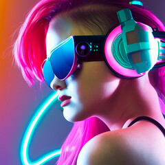 Illustration of young woman with pink hair listening to her headphones, wearing sunglasses with nighttime neon background. Cyberpunk concept, synthwave digital art. Made with Generative AI.
