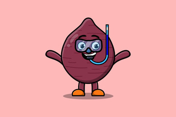 Cute cartoon Sweet potato diver with swimming glass in flat modern style design