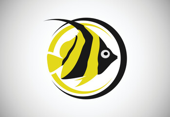 Angelfish in a circle. Fish logo design template. Seafood restaurant shop Logotype concept icon.