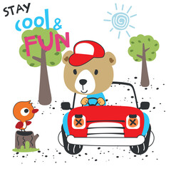 Obraz na płótnie Canvas Vector illustration of funy bear driving the red car. Funny background cartoon style for kids. Little adventure with animals on the road for nursery design, cartoon tshirt art design.