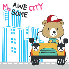 Fototapeta premium Vector illustration of funy bear driving the red car. Funny background cartoon style for kids. Little adventure with animals on the road for nursery design, cartoon tshirt art design.