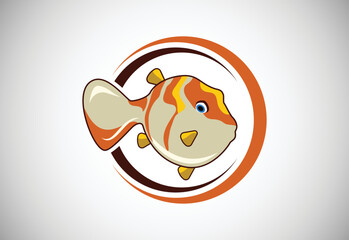 Pufferfish  in a circle. Fish logo design template. Seafood restaurant shop Logotype concept icon.