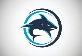 Shark in a circle. Fish logo design template. Seafood restaurant shop Logotype concept icon.