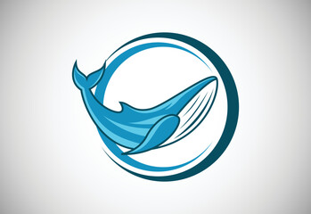 Whale in a circle. Fish logo design template. Seafood restaurant shop Logotype concept icon.