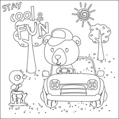 Vector illustration of funy bear driving the white car. Childish design for kids activity colouring book or page.
