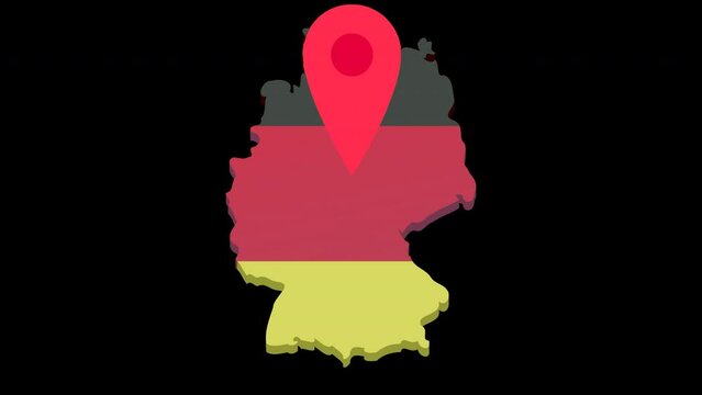 Looping animation with a jumping red location marker on the 3D map of Germany in the colors of the German flag in flat design style with alpha channel for transparency