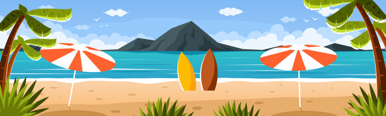 Paradise beach with palm trees and surfboards. Colorful seascape with mountains. Vector graphics
