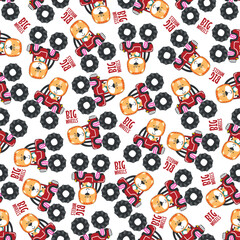 Seamless pattern vector of monster truck with little lion driver. Creative vector childish background for fabric textile, nursery background, baby clothes, wrapping paper and other decoration.