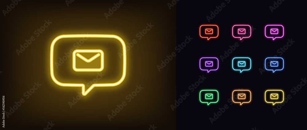 Poster outline neon bubble message icon set. glowing neon bubble message frame with mail sign, email notifi