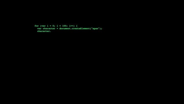 Typing green javascript code on black screen