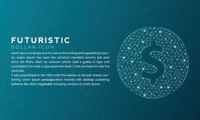 Blue futuristic dollar icon concept with polygon node connected dots and neon effect
