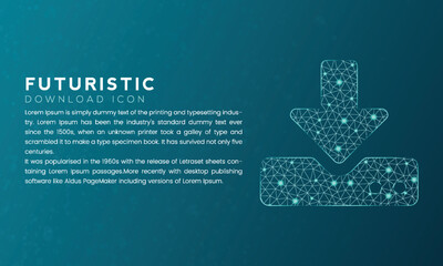 Blue futuristic download icon concept with polygon node connected dots and neon effect