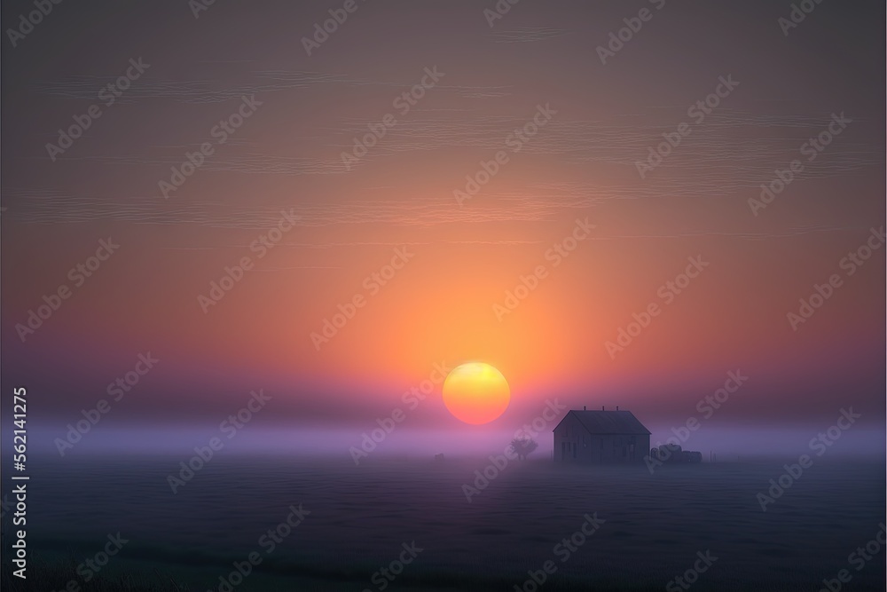 Poster a house in the fog with the sun setting in the background and a foggy field in the foreground with a