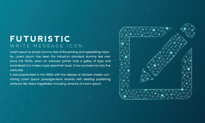 Blue futuristic write message icon concept with polygon node connected dots and neon effect