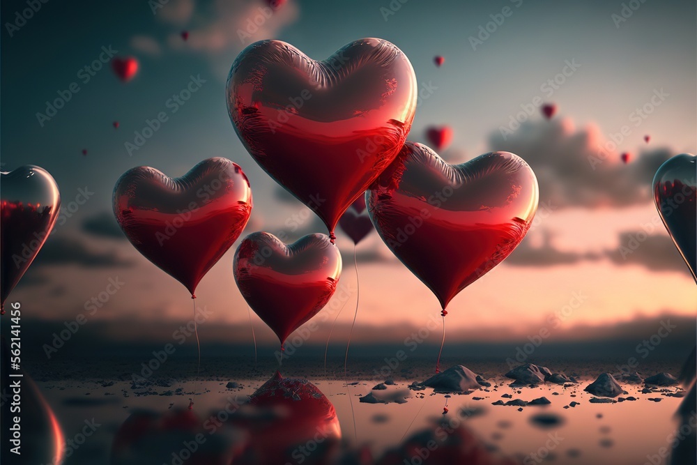 Poster a group of heart shaped balloons floating in the air over a body of water at sunset or dawn with a f