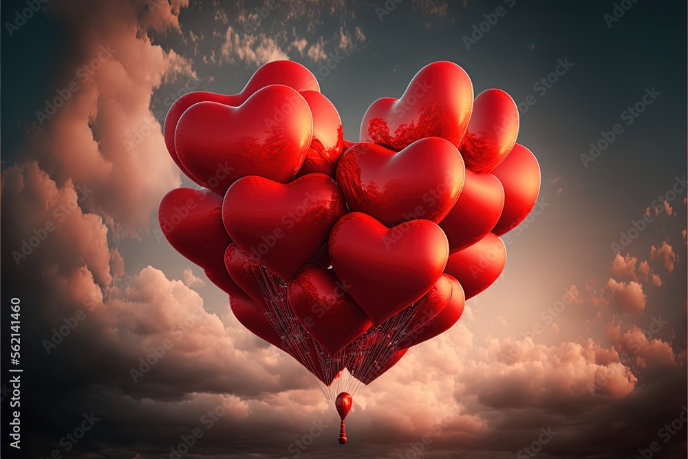 Aufkleber a bunch of red hearts floating in the air with a sky background and clouds in the background with a 