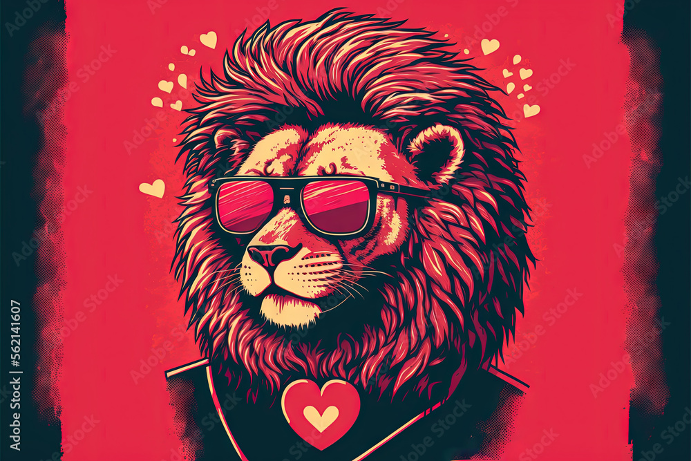 Poster a lion wearing sunglasses and a heart shaped object on its chest, with a red background and a red ba