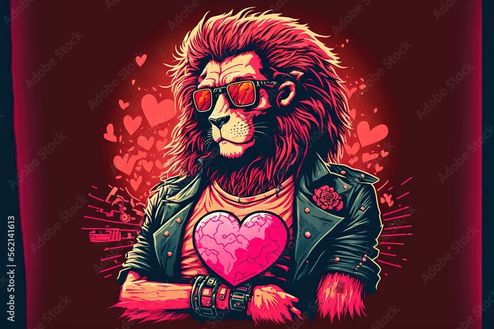 Poster a lion with a heart in his hands on a red background with hearts around it and a red background with