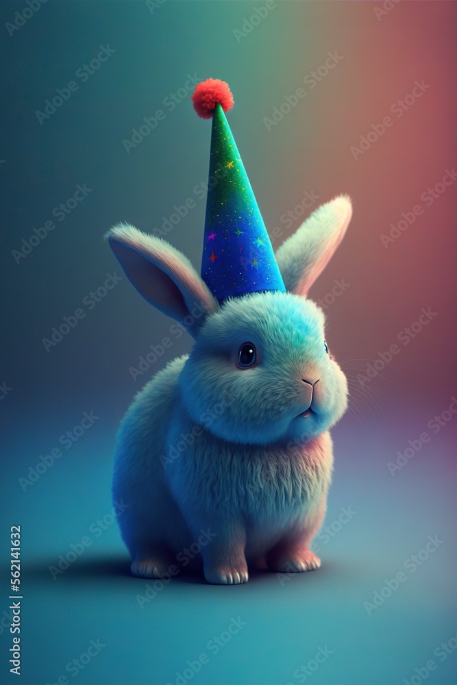 Poster a rabbit with a party hat on its head sitting down on a blue background with a red flower on its hea