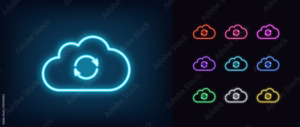 Poster outline neon cloud sync icon set. glowing neon cloud frame with update arrows sign, data upgrade pic