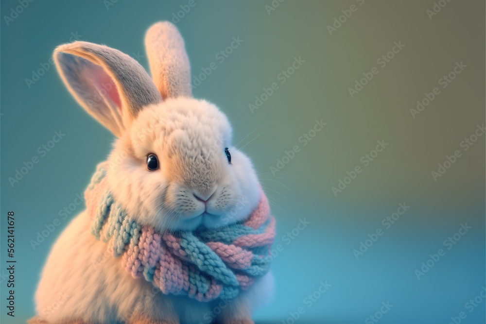 Poster a stuffed rabbit wearing a scarf and a sweater on a blue background with a blurry background behind 