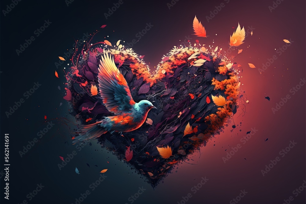 Poster a heart shaped with a bird flying around it and falling leaves all around it, with a dark background