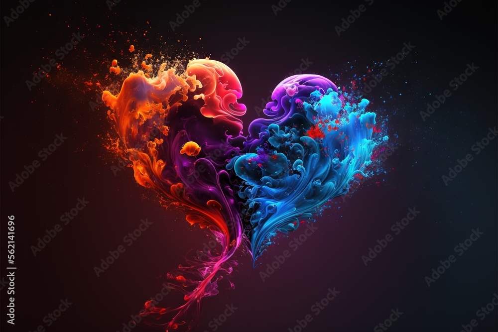 Poster a heart shaped object with colorful smoke and water swirling around it on a black background with a 