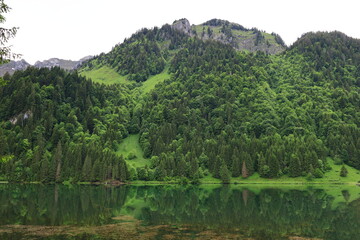 Fototapeta na wymiar Viewpoint on the Plagnes lake which is located in Haute-Savoie in the municipality of Abondance