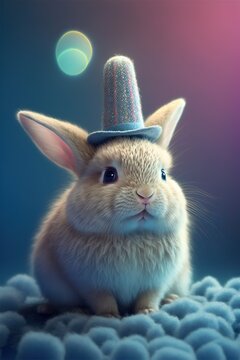  A Rabbit Wearing A Hat Sitting On A Blanket With Bubbles In The Background And A Blurry Background Behind It, With A Blurry Light Blue Hued Background And A Pink Hued., Generative Ai