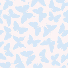 Naklejka na ściany i meble Pattern of blue butterflies on a milky background in a flat style for printing and decoration. Vector illustration.