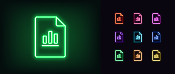 Outline neon document file icon set. Glowing neon document frame with bar chart sign, data report pictogram. Financial forecast, statistic information, page with results.